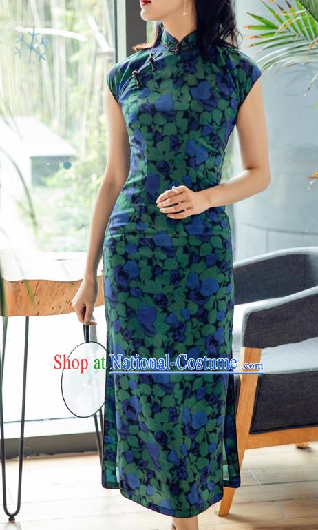 Republic of China Printing Chiffon Cheongsam Costume Traditional Minguo Old Shanghai Qipao Dress