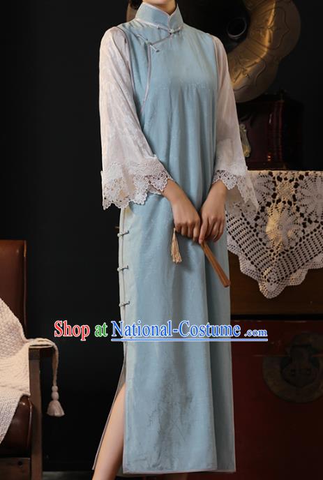 Chinese Traditional Old Shanghai Light Blue Cheongsam National Young Lady Costume Classical Lace Sleeve Qipao Dress