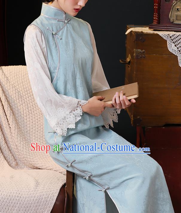 Chinese Traditional Old Shanghai Light Blue Cheongsam National Young Lady Costume Classical Lace Sleeve Qipao Dress