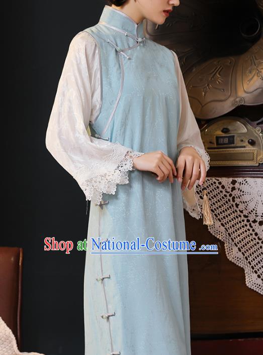 Chinese Traditional Old Shanghai Light Blue Cheongsam National Young Lady Costume Classical Lace Sleeve Qipao Dress