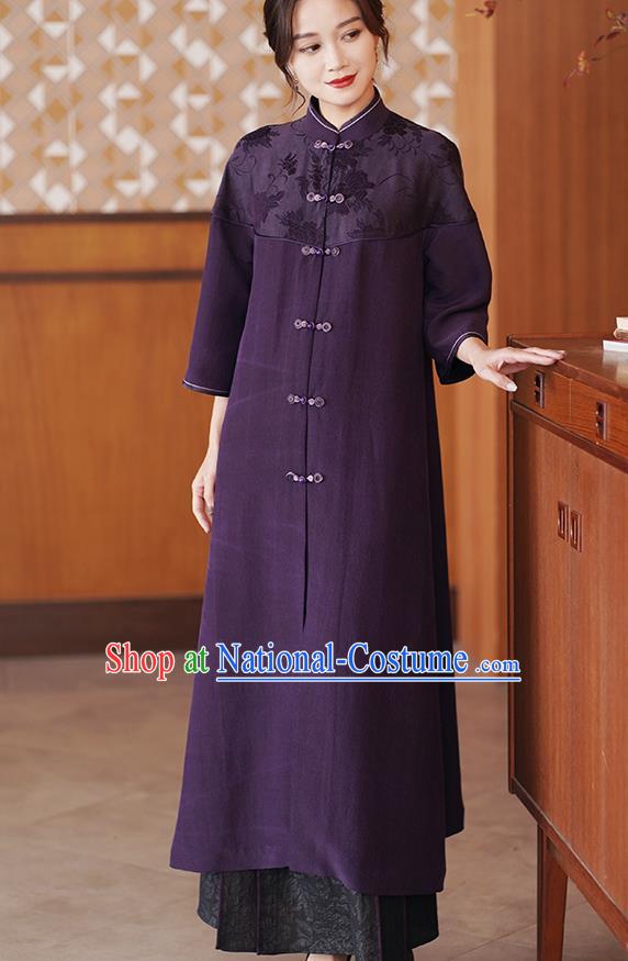 China Traditional Tang Suit Purple Silk Dust Coat National Gambiered Guangdong Gauze Outer Garment