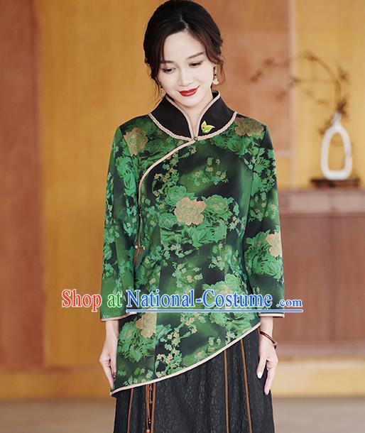 China National Gambiered Guangdong Gauze Shirt Traditional Tang Suit Green Silk Blouse