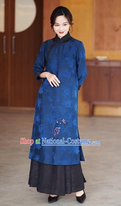 Chinese Traditional Gambiered Guangdong Gauze Costume Classical Cheongsam Classical Blue Silk Qipao Dress