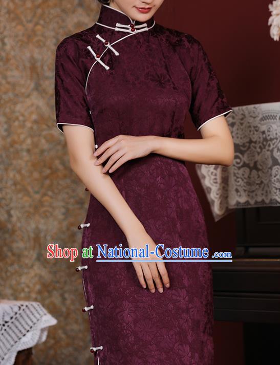 Chinese Traditional Purple Cheongsam National Shanghai Mistress Costume Classical Jacquard Silk Qipao Dress