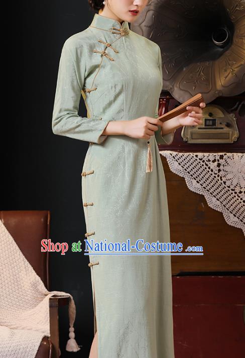 Chinese Traditional Light Green Flax Cheongsam Classical Qipao Dress National Shanghai Lady Costume