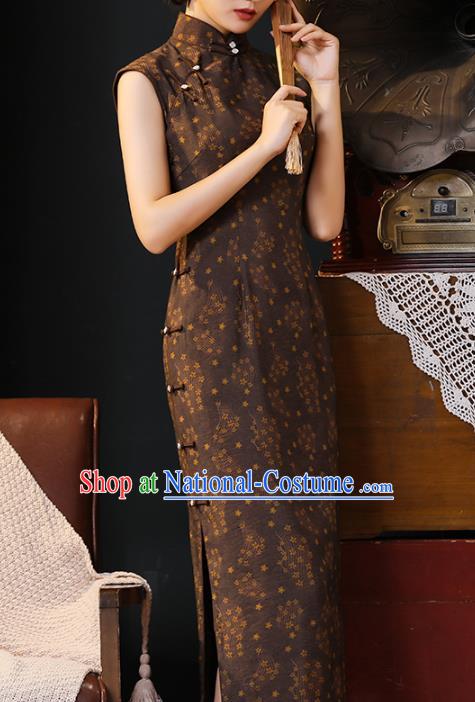 Chinese Traditional Brown Cotton Cheongsam National Young Woman Costume Classical Sleeveless Qipao Dress