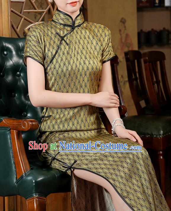 Chinese Classical Golden Silk Qipao Dress National Shanghai Woman Costume Traditional Slant Opening Cheongsam