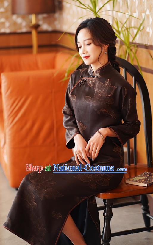 Chinese Classical Brown Silk Qipao Dress Traditional Gambiered Guangdong Gauze Costume Cheongsam