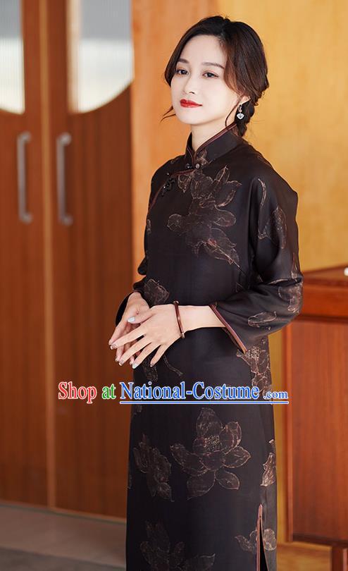 Chinese Classical Brown Silk Qipao Dress Traditional Gambiered Guangdong Gauze Costume Cheongsam