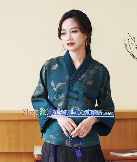 China National Female Outer Garment Traditional Tang Suit Blue Brocade Jacket