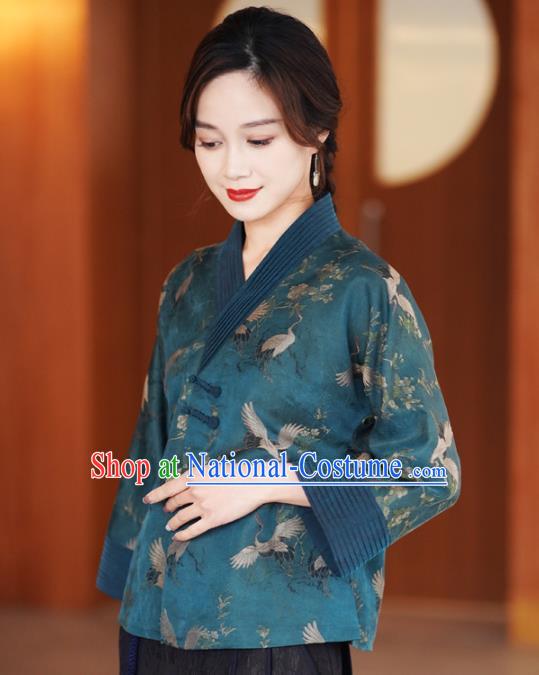 China National Female Outer Garment Traditional Tang Suit Blue Brocade Jacket