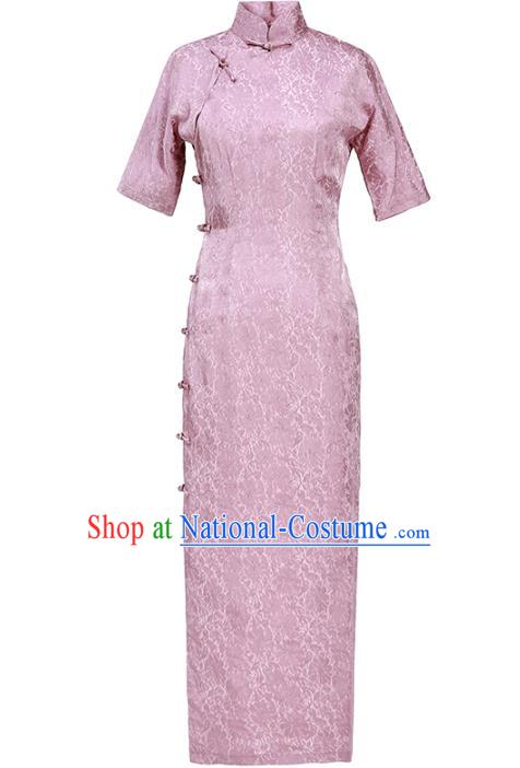 Chinese National Woman Costume Traditional Stand Collar Cheongsam Classical Pink Silk Qipao Dress