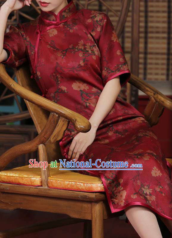 Chinese Traditional Shanghai Silk Cheongsam Clothing Classical Red Gambiered Guangdong Gauze Qipao Dress