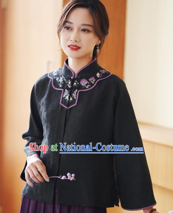 China National Embroidered Upper Outer Garment Traditional Tang Suit Black Silk Jacket