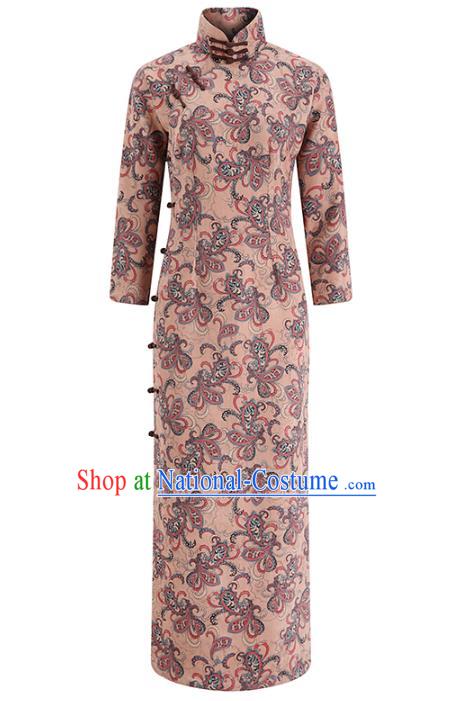 Chinese Classical Apricot Suede Qipao Dress Traditional Clothing Modern Dance Cheongsam