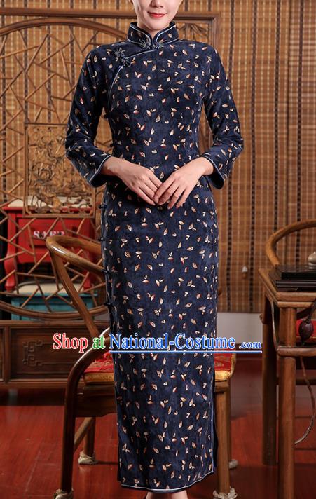 Chinese Traditional Clothing Classical Dance Cheongsam Classical Navy Corduroy Qipao Dress