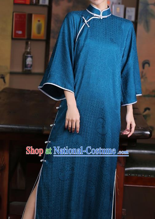 Chinese Traditional Mandarin Sleeve Cheongsam Clothing Classical Blue Silk Qipao Dress