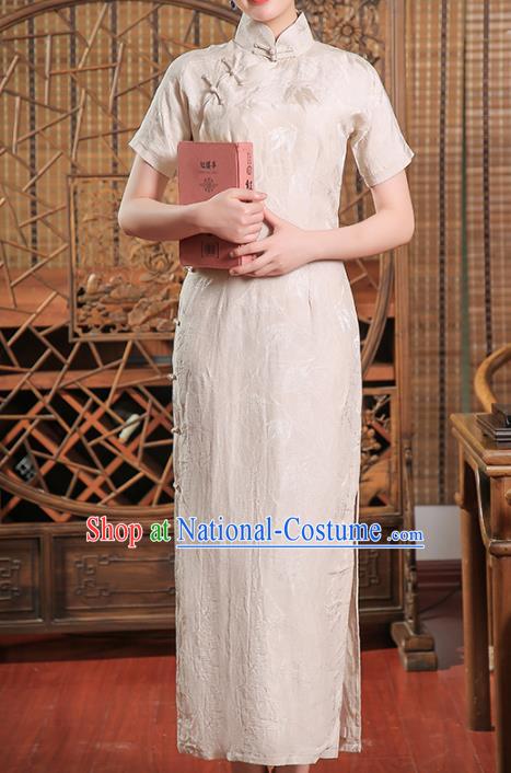 Chinese Catwalks Clothing Classical Stage Show Cheongsam Traditional Beige Qipao Dress