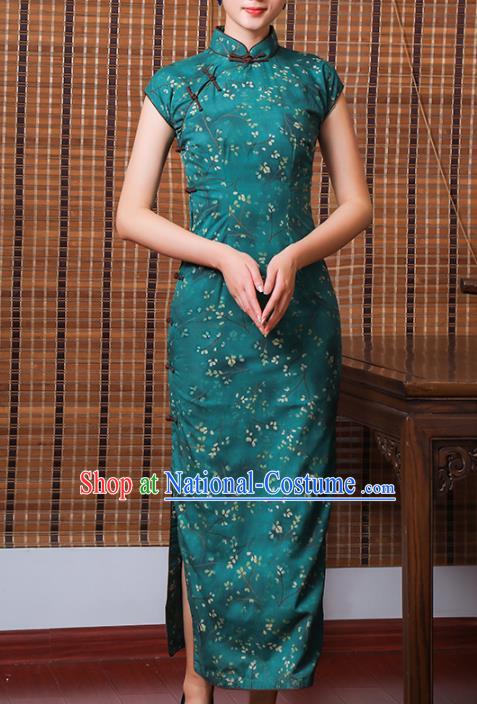 Chinese Classical Cheongsam Old Shanghai Woman Clothing Traditional Printing Deep Green Ramie Qipao Dress