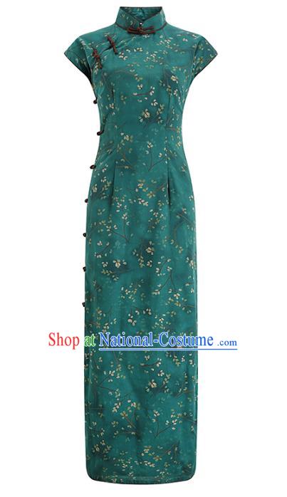 Chinese Classical Cheongsam Old Shanghai Woman Clothing Traditional Printing Deep Green Ramie Qipao Dress