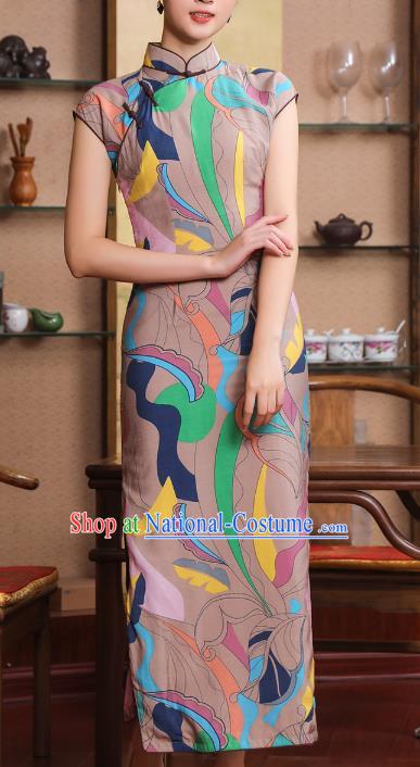 Chinese Traditional Printing Light Brown Qipao Dress Old Shanghai Woman Clothing Classical Cheongsam