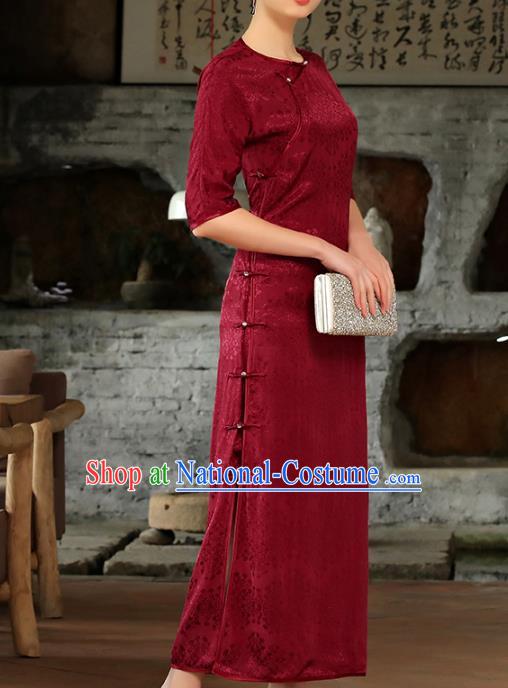 Chinese Woman Catwalks Clothing Classical Slant Opening Cheongsam Traditional Wine Red Tencel Qipao Dress