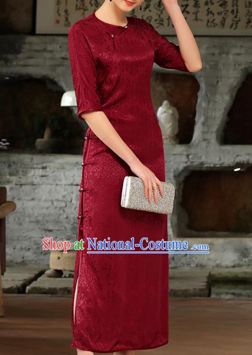 Chinese Woman Catwalks Clothing Classical Slant Opening Cheongsam Traditional Wine Red Tencel Qipao Dress