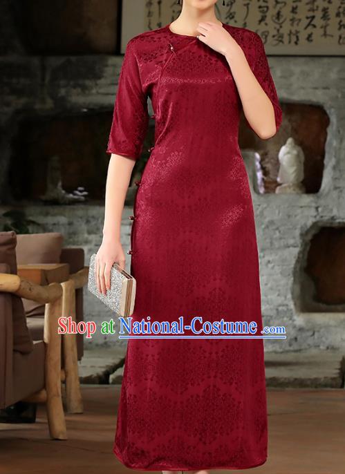 Chinese Woman Catwalks Clothing Classical Slant Opening Cheongsam Traditional Wine Red Tencel Qipao Dress