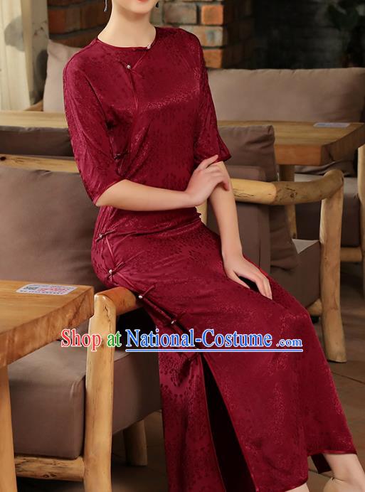 Chinese Woman Catwalks Clothing Classical Slant Opening Cheongsam Traditional Wine Red Tencel Qipao Dress