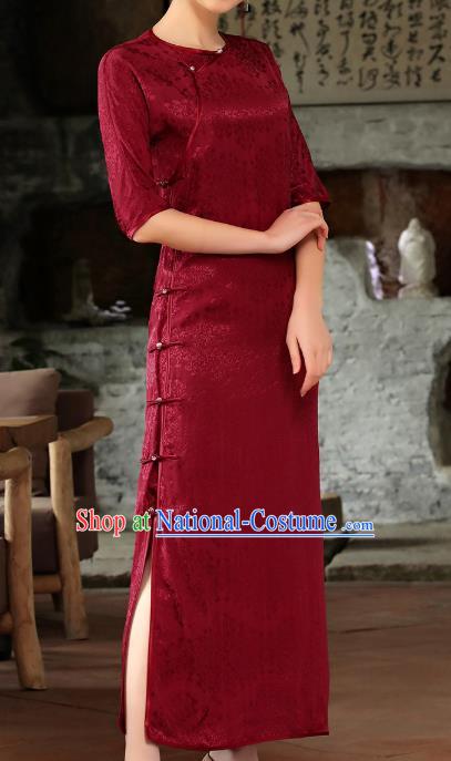 Chinese Woman Catwalks Clothing Classical Slant Opening Cheongsam Traditional Wine Red Tencel Qipao Dress