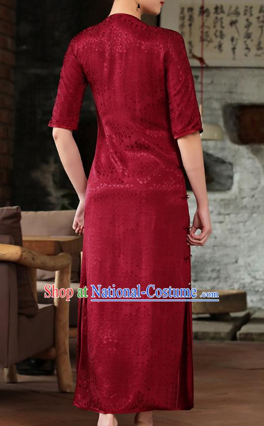 Chinese Woman Catwalks Clothing Classical Slant Opening Cheongsam Traditional Wine Red Tencel Qipao Dress