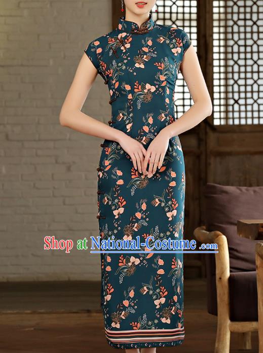 Chinese Classical Printing Atrovirens Chiffon Cheongsam Traditional Slant Opening Qipao Dress Woman Catwalks Clothing