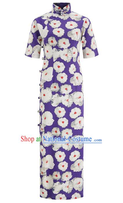 Chinese Classical Purple Flax Qipao Dress Traditional Printing Flowers Cheongsam Clothing