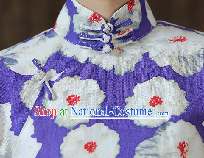 Chinese Classical Purple Flax Qipao Dress Traditional Printing Flowers Cheongsam Clothing