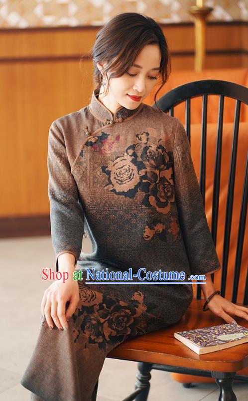 Chinese Classical Printing Brown Silk Qipao Dress Traditional Gambiered Guangdong Gauze Cheongsam