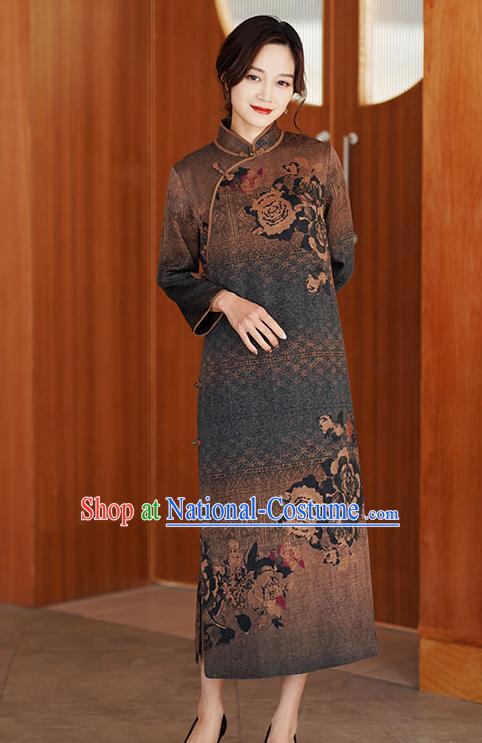 Chinese Classical Printing Brown Silk Qipao Dress Traditional Gambiered Guangdong Gauze Cheongsam