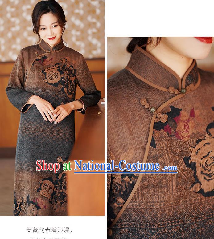 Chinese Classical Printing Brown Silk Qipao Dress Traditional Gambiered Guangdong Gauze Cheongsam