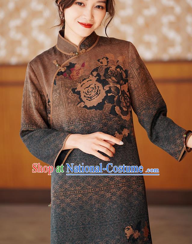 Chinese Classical Printing Brown Silk Qipao Dress Traditional Gambiered Guangdong Gauze Cheongsam