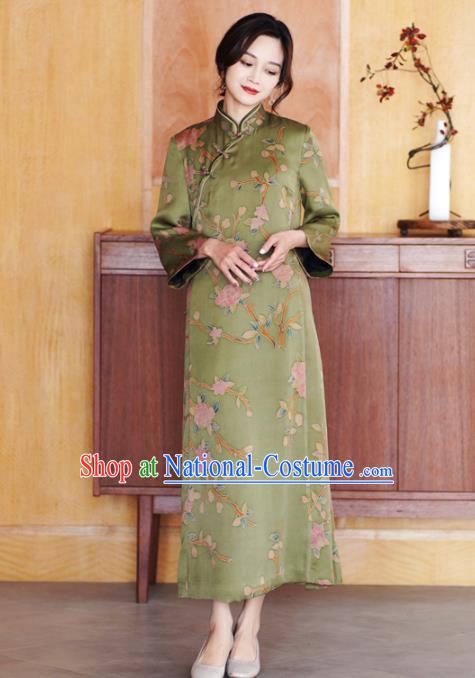 Republic of China Classical Green Silk Qipao Dress Traditional Hand Painting Flowers Cheongsam Clothing