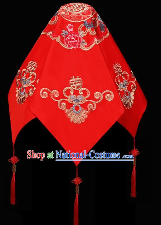 China Xiuhe Suit Embroidered Peony Headdress Traditional Wedding Headwear Bride Red Veil