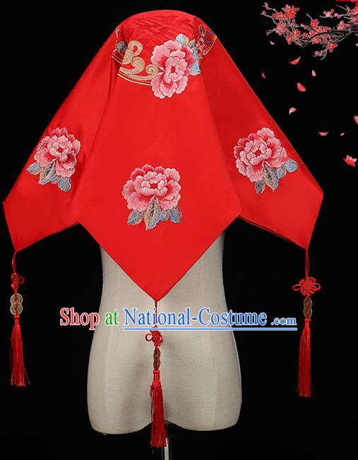 China Bride Red Veil Xiuhe Suit Embroidered Peony Headdress Traditional Wedding Headwear