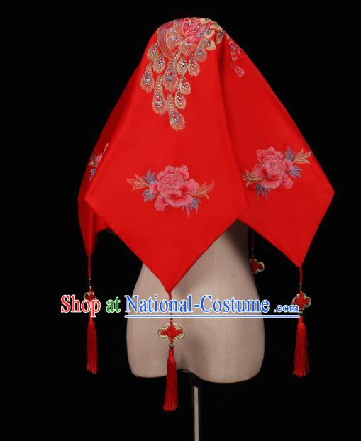 China Traditional Wedding Satin Headwear Bride Red Veil Xiuhe Suit Embroidered Peacock Peony Headdress