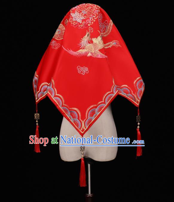 China Traditional Wedding Headwear Xiuhe Suit Headdress Embroidered Dragon Phoenix Bride Red Veil