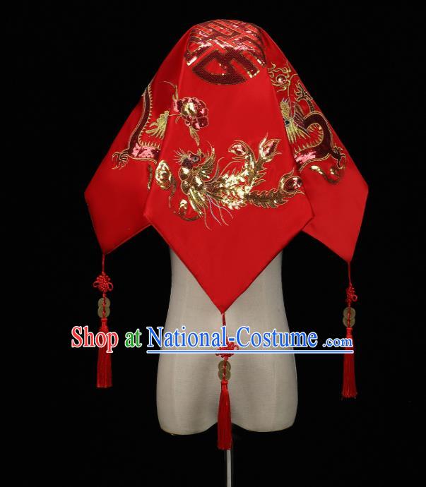 China Embroidered Golden Sequins Dragon Phoenix Bride Red Veil Traditional Wedding Headwear Xiuhe Suit Headdress