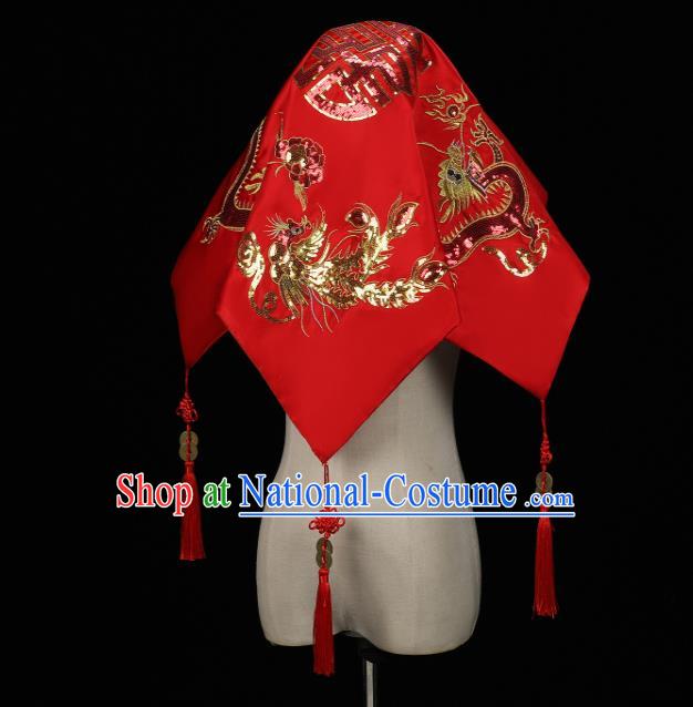 China Embroidered Golden Sequins Dragon Phoenix Bride Red Veil Traditional Wedding Headwear Xiuhe Suit Headdress