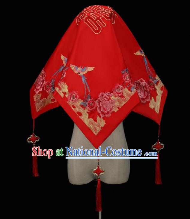 China Bride Red Veil Traditional Wedding Headwear Xiuhe Suit Embroidered Peony Headdress