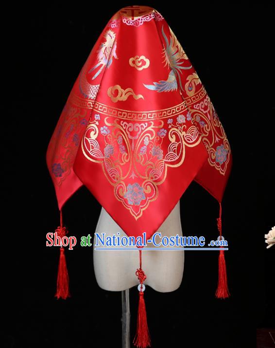 China Xiuhe Suit Satin Headdress Traditional Wedding Headwear Ancient Bride Red Veil