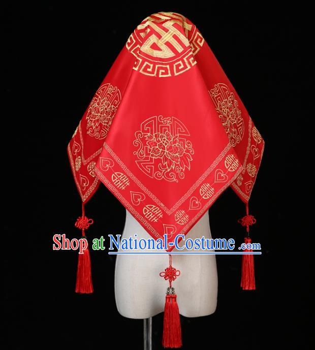 China Traditional Wedding Headwear Ancient Bride Red Veil Xiuhe Suit Red Satin Kerchief Headdress