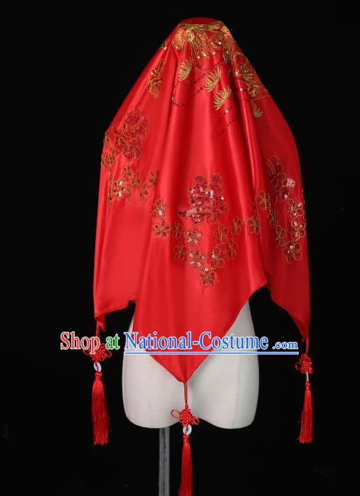 China Embroidered Sequins Mandarin Duck Bridal Veil Xiuhe Suit Red Satin Kerchief Traditional Wedding Headwear