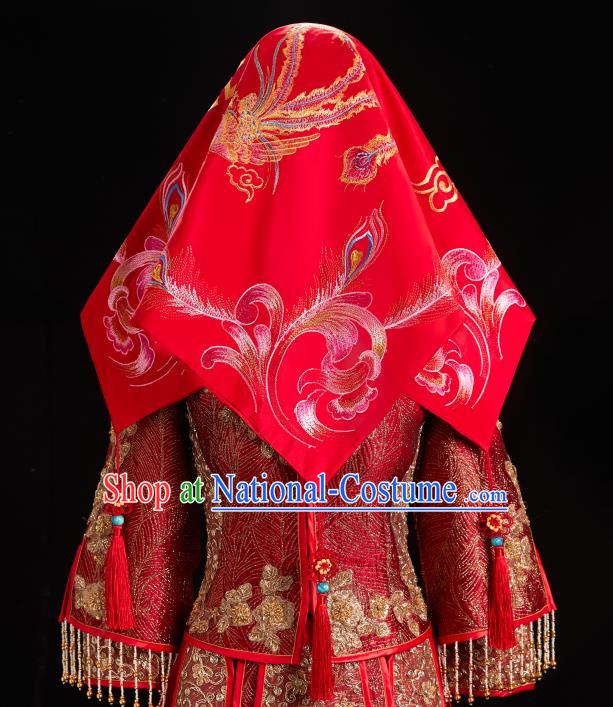 China Xiuhe Suit Red Satin Kerchief Traditional Wedding Headwear Embroidered Phoenix Bridal Veil